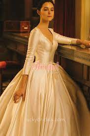 Ivory Satin 3 4 Sleeve Curved V Neck Wedding Ball Gown Satin Gown Prom Ball Gowns Wedding Ball Dresses