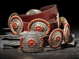 Sterling Silver and Coral Cluster Concha Belt by Ernest Roy Begay