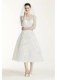 Oleg Cassini Tea Length Lace Tulle Wedding Dress Tailored Wedding Dress Davids Bridal Wedding Dresses Short Wedding Dress
