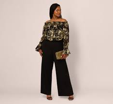 Plus Size Lace And Crepe Jumpsuit In Black Gold - Adrianna Papell