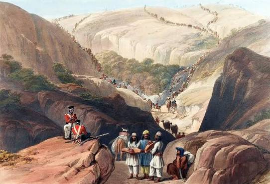 Balochs in the Bolan Pass (sniping down the British invaders passing through their territory towards Kandahar), 1839. Sketch by James Atkinson.