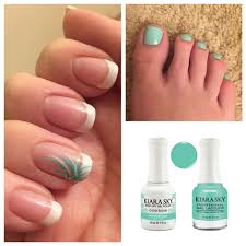 Matching Mint Green Fingernails And Toenails For The Summer Done With White Gel Polish And Kiara Sky S Professiona Nail Tip Designs Nails Kiara Sky Gel Polish