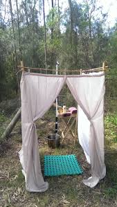 Bush Shower Made From Bamboo Garden Stakes Shower Curtains A Soup Pot Camping Mat And An Oppi Camp Shower Worked G Camping Shower Camping Mat Bamboo Garden