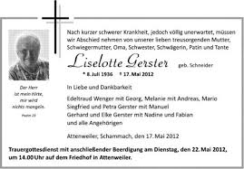 Wenn petra gerster in wenigen wochen zum letzten mal die meldungen des tages im zdf präsentiert, ist sie 66. Traueranzeigen Von Liselotte Gerster Schwaebische De Trauerportal