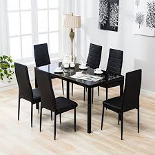 4 Family 7 Piece Dining Set With 6 Chairs Kitchen Furniture Black Dining Room Table Set Dining Table Black Glass Dining Table Set