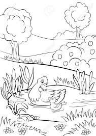 Coloring Pages Kind Duck And Little Cute Duckling Swim On The Pond There Are Trees Bushes Flowers And R Animal Coloring Pages Coloring Pages Cute Ducklings