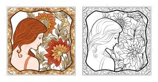 5 out of 5 stars. Portrait Of A Woman With Long Hair In Floral Frame In Old Retro Art Nouveau Style Colored And Outline Design Vector Illustration Coloring Page For The Adult Coloring Book With Colored Sample Royalty