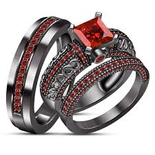Trio Set Engagement Ring Wedding Band Red Garnet Black Gold Plated 925 Silver Black Gold Ring Black Gold Jewelry Gothic Engagement Ring