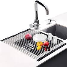 Maybe you would like to learn more about one of these? Amazon Com Dish Drying Rack 17 6 X 16 G Ting Over Sink Roll Up Large Dish Drainers Rack Multipurpose Foldable Kitchen Sink Rack Mat Stainless Steel With Silicone Rims For Dishes Cups Fruits
