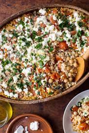Pearl Couscous With Creamy Feta And Chickpeas Recipe Recipe Vegetarian Recipes Couscous Recipes Chickpea Recipes