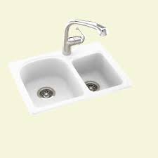 Advance tabco double bowl kitchen self rimming drop in sinks 304 stainless steel 18 gauge bowl size 14 x 16 x 7 5 inch 1 each. Swan Drop In Undermount Solid Surface 25 In 1 Hole 60 40 Double Bowl Kitchen Sink In White Ks02518db 010 The Home Depot