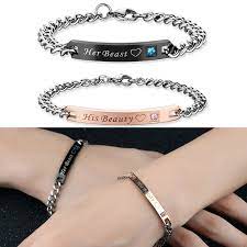 Matching Bracelets For Couples Letters Her Beast His Beauty Stainless Steel Relationship Promise Couples Bracelets Set For Women Chain Link Bracelets Aliexpress