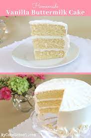 Classic vanilla cake with vanilla cream and blueberries inside, vanilla cream cheese frosting and edible glass decoration. Vanilla Buttermilk Cake Recipe My Cake School