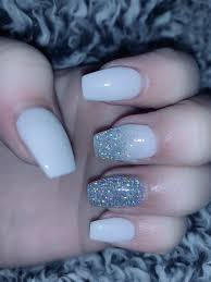 Short glitter nails with all the colors. Coffin White Nails White Glitter Nails Nails Dip Powder Nails