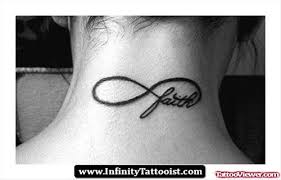 Faith tattoo on face and neck. Infinity Faith Tattoo On Girl Back Neck