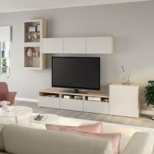 Besta Tv Storage Combination Glass Doors White Stained Oak Effect Lappviken Light Grey Clear Glass Ikea Living Room Tv Wall Living Room Tv Tv Storage