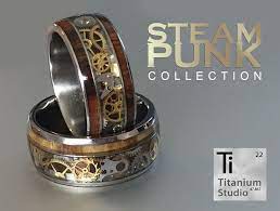 Another Version Of Our Famous Steampunk Rings Combining Wood And Vintage Watch Movements Into A Single Weddi Steampunk Rings Gear Ring Titanium Wedding Rings
