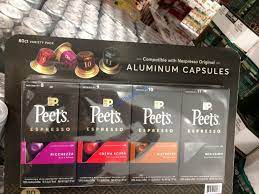 There are peet's coffee and other brands of nespresso original compatible single serve coffee pods online: Costco 1290988 Peets Nespresso Compatible Aluminum Capsules Part1 Costcochaser