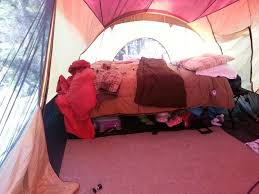 Our 10x18 Tent Camping On A Cot Queen Air Mattress Gives Us Storage Under Our Beds Along With Camping Queen Mattress Air Mattress Camping Tent Camping Beds