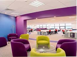 Awesome Office Interior Design Ideas With Beautiful Purple And Yellow Fabric Chairs Interior Design Office Space Modern Office Interiors Office Interior Design