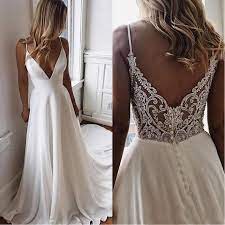 Deep V Neck Satin A Line Summer Beach Wedding Dresses Tulle Lace Applique Beaded Sweep Train Bridal Wedding Gowns In 2020 Backless Lace Wedding Dress Backless Wedding Dress Summer Wedding Dress Beach