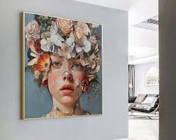 Floral Woman Portrait Canvas: Handmade Fashion Wall Art