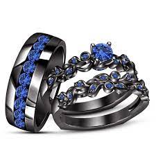 Blue Sapphire Black Gold Plated His Her Engagement Ring Wedding Band Trio Set Black Gold Ring Black Gold Jewelry Wedding Ring Trio Sets