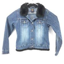 details about route 66 medium blue denim jacket faux fur collar and hem