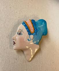 Vintage 60s Art Deco Lady Head Brooch Pin Hand Painted Blue Hair Costume  Jewelry