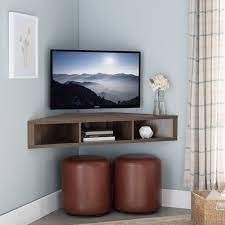 Glass shelf designed for mounting on the wall. Furniture Of America Emmeline 3 Shelf Corner Floating Tv Stand Walnut Oak Walmart Com Walmart Com