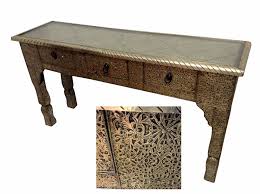 Moroccan Console Table Silver Carved Etched Metal Arabesque Furniture 2 Drawer Console Table Metal Console Table Furniture
