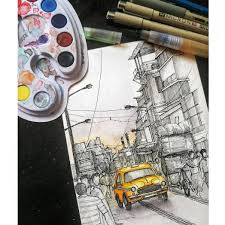 Dreamlike A Taxi On The Streets Of Kolkata Based On The Photograph By Monsieur Arefin Sk Amazing Art Painting Beautiful Flower Drawings City Drawing
