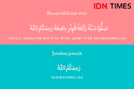 Membaca doa sholat witir dan di amini oleh jamaah, jangan lupa sebelumnya baca sholawat nabi, misal allahumma sholi 'ala muhammad wa 'ala ali muhammad, doanya sebagai berikut : 12 Bacaan Bilal Tarawih Dan Jawabannya Beserta Witir