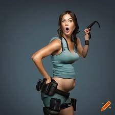 Lara croft with a full stomach, detailed, photorealistic, amazed  expression, bloated belly on Craiyon