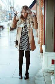 Black And White Dress With Black Tights Black And White Striped Dress Black Tights Black Shoes Tan Coat With White Stripe Fall Fashion Coats Fashion Tights Outfit Winter