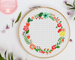 96 w x 96 h floss: Floral Wreath Cross Stitch Pattern Pdf Flower Cross Stitching Modern Xstitch Chart Floral Border Counted Cross Stitch Flower Design Kanavice Ornekleri Kanavice Kagit Cicek