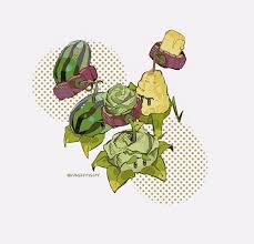hightguy, cabbage-pult (plants vs. zombies), kernel-pult (plants vs. zombies),  melon-pult (plants vs. zombies), plants vs. zombies, commentary,  hashtag-only commentary, highres, artist name, black eyes, butter, cabbage,  food, fruit, halftone, leaf, no ...