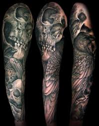 Black And White Realism Tattoo Sleeve Realistic Black And White Skull And Raven Sleeve Tattoo Skull Sleeve Tattoos Tattoo Sleeve Men Skull Sleeve