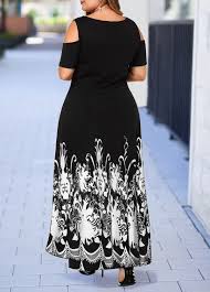 Printed Cold Shoulder Round Neck Plus Size Dress Rotita Com Usd 34 98 Designer Plus Size Clothing Fashion Elegant Casual Dress