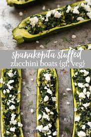 Spanakopita Stuffed Zucchini Boats Are An Easy Vegetarian Zucchini Boat Recipe With Stuffed Zucchini Vegetarian Zucchini Boat Recipes Vegetarian Zucchini Boats