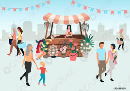Esta guía de la feria de puebla es una página informativa que no es elaborada. Florines Mercado De Puestos Con Vendedor Plano Ilustracion Calle Vector De Stock Crushpixel