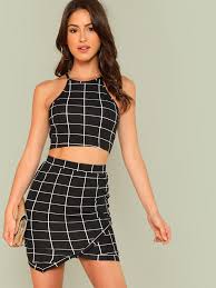 Black And White Crop Top And Skirt Set Grid Crop Halter Top Wrap Skirt Set Check Out This Grid Crop Halter Top Wrap Skirt Set On Romwe And Explore More To Meet Work Wear Women Fashion Plaid