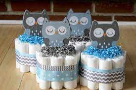 Set Of 4 Blue And Gray Owl Mini Diaper Cakes Boy Owl Baby Shower Baby Blue Gray Chevron Grey O Owl Baby Shower Boy Owl Baby Shower Baby Shower Centerpieces