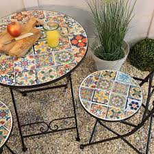 Moroccan mosaic tile square bistro table on iron base. Braga Mosaic Bistro Set Garden Furniture
