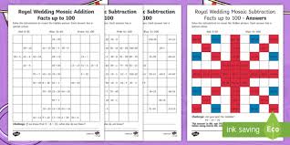 The worksheet variation number is not printed with the worksheet on purpose so others cannot simply look up the answers. Ks1 Royal Wedding Addition And Subtraction Facts Up To 100 Maths Mosaic