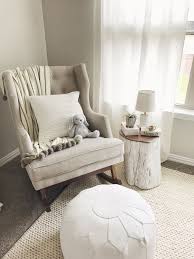 Bennett S Light And Airy Neutral Nursery With Upholstered Rocking Chair Tree Stump Side Table And Mo Nursery Chair Tree Stump Side Table Kids Bedroom Storage