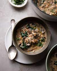 Creamy Vegan Mushroom Stew With Farro Kale Recipe In 2021 Mushroom Stew Vegan Soup Recipes Stuffed Mushrooms