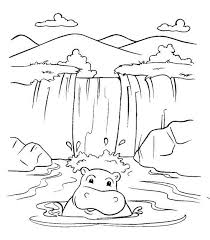 Waterfall And Hippopotamus Coloring Page For Kids Coloring Pages Coloring Sheets For Kids Waterfall Landscape
