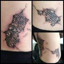 Amazing 3d cracked skin tattoo. Bee Colony Cracked Skin Tattoo Bee Colony Tattoo Crackedskin Tattoos Print Tattoos King Tattoos