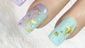 Professionally performed and acrylic nails pastel colors pattern on nails can be done not only with the help of brushes, but also with the help of dots. Pastel Mint Lilac Celestial Moon Stars Short Acrylic Nail Design Youtube
